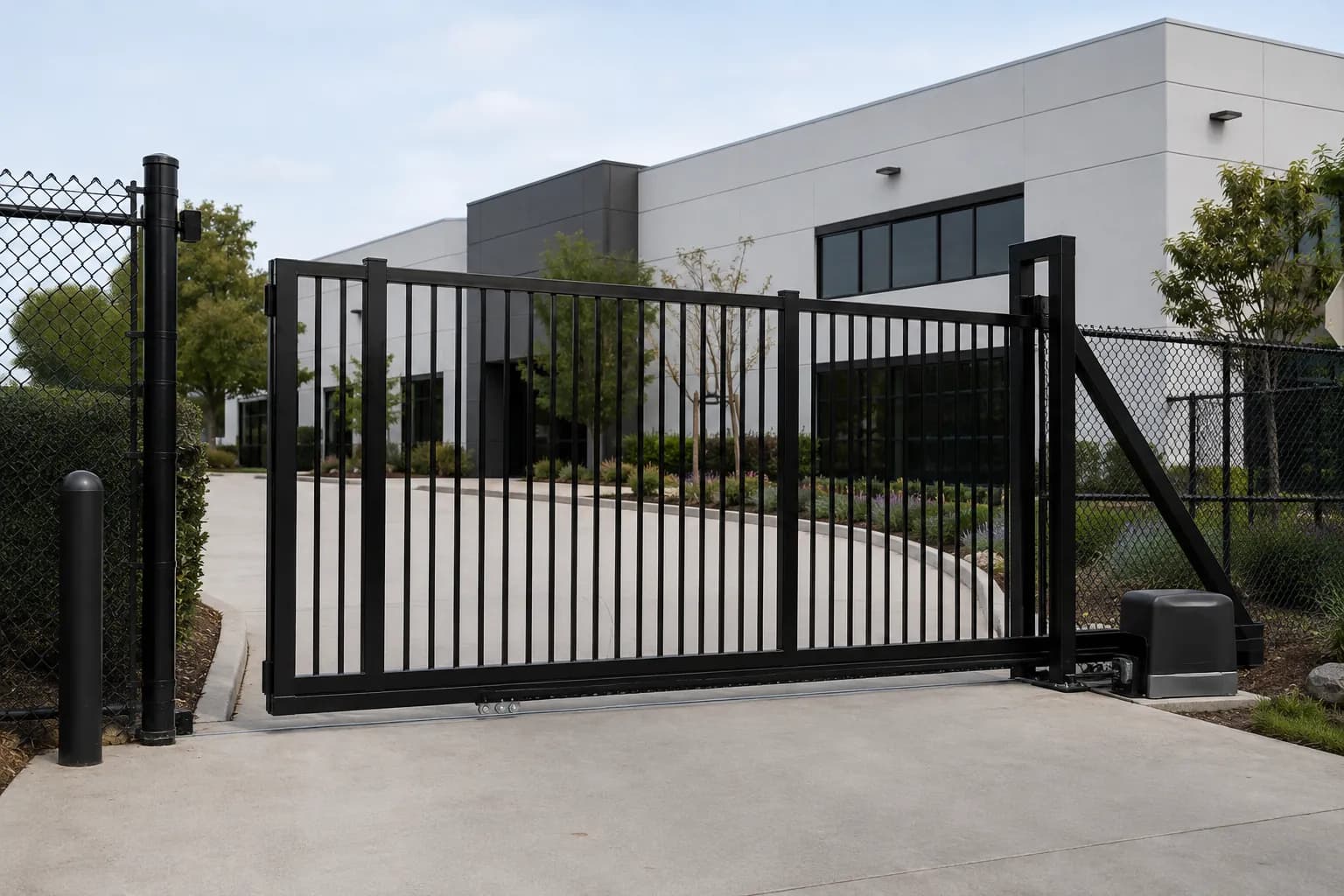 Automated black sliding security gate and operator