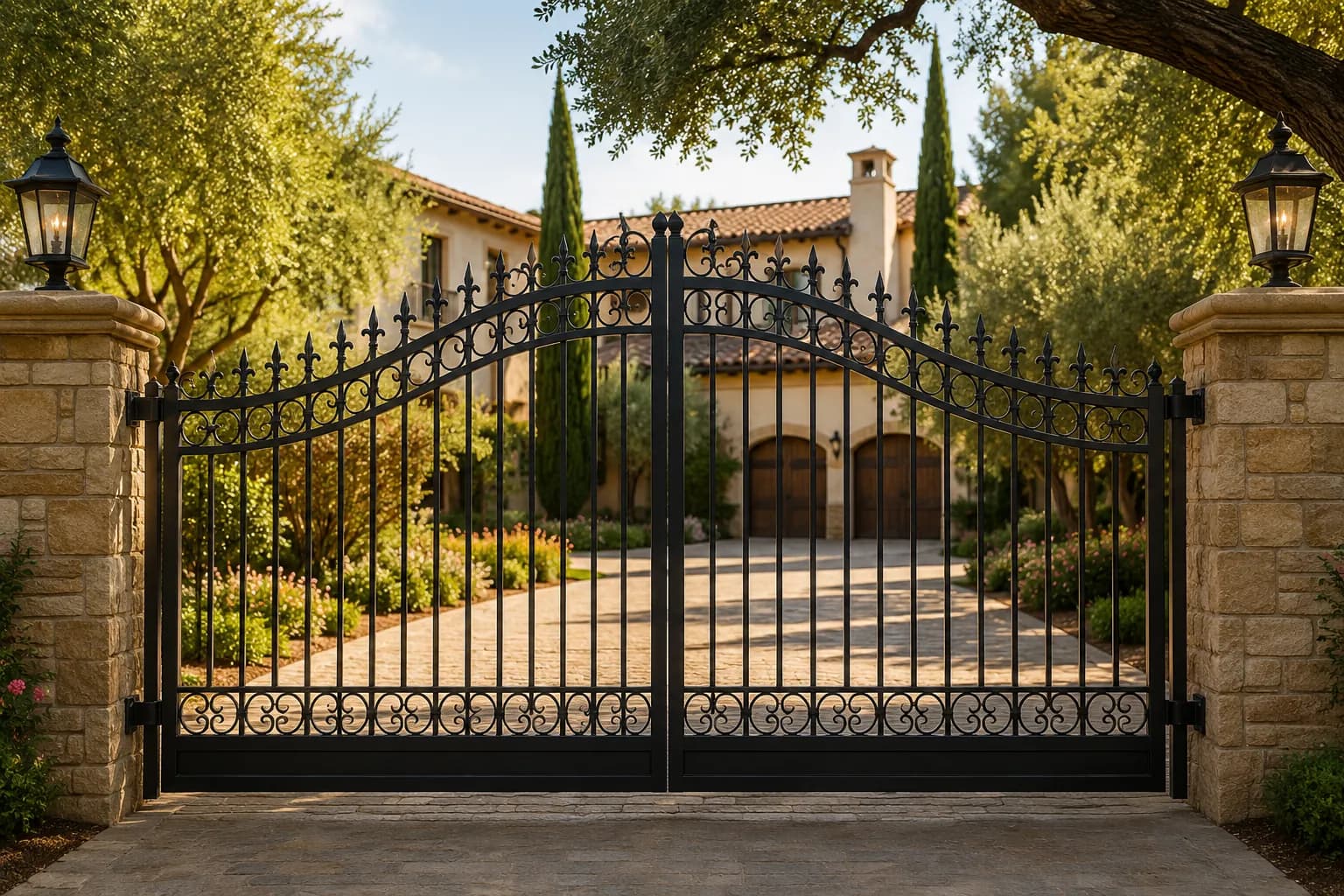 Elegant wrought-iron driveway gate installation