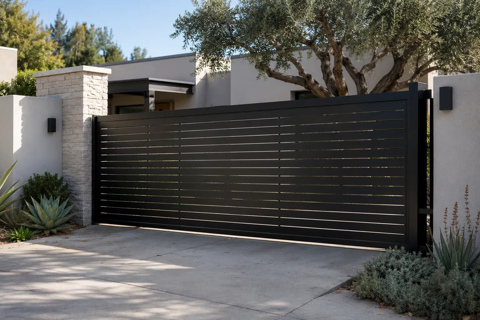 Modern automated black sliding driveway gate