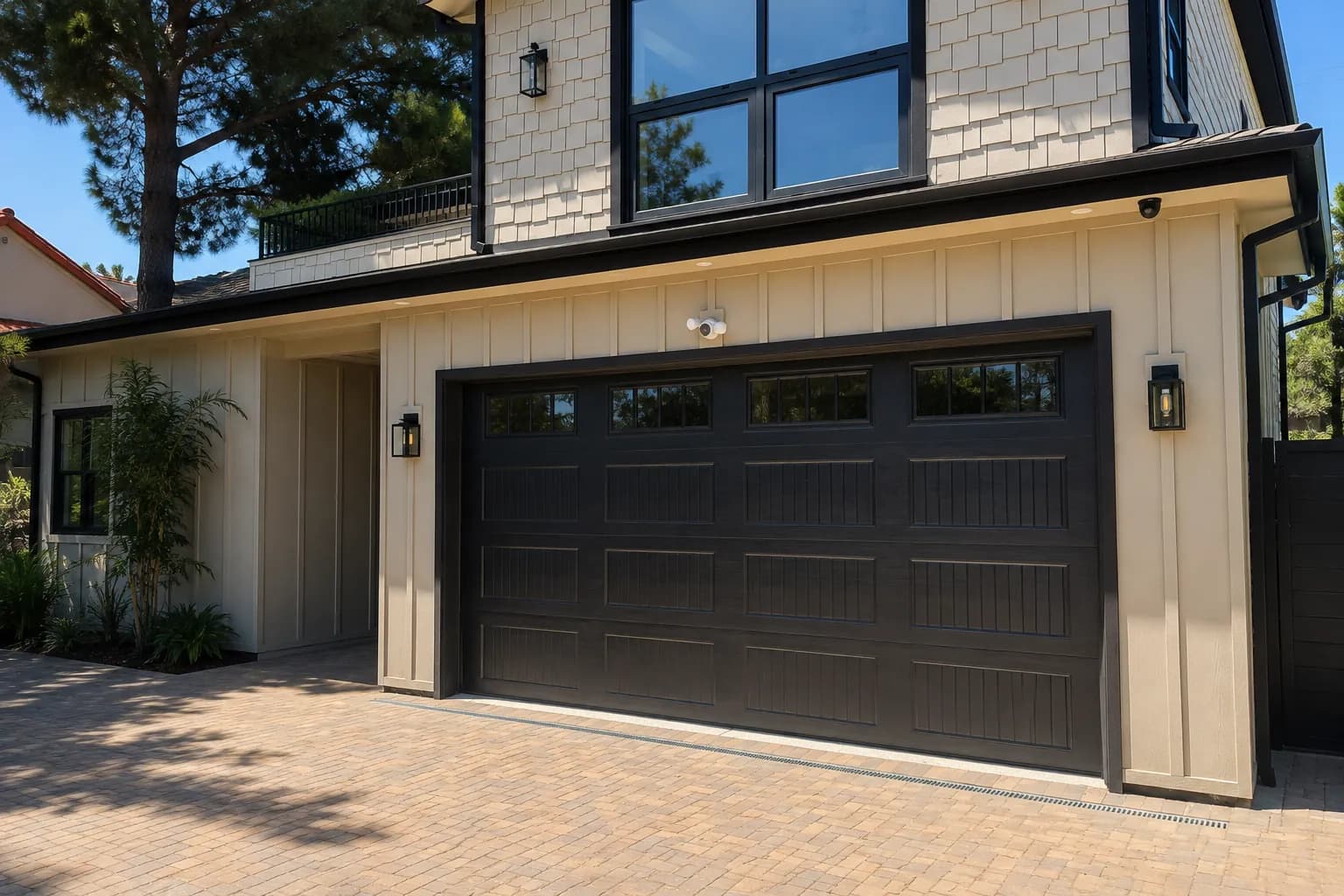Southern California home with a modern dark garage door
