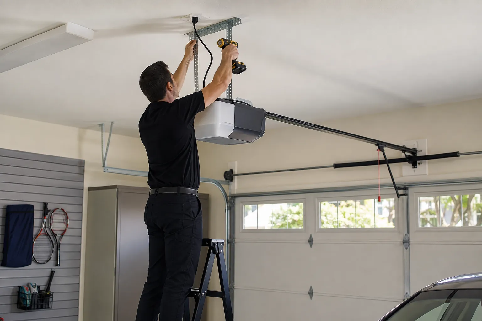 Technician servicing a belt-drive garage door opener