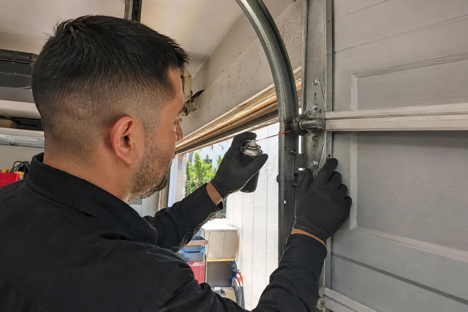 Technician lubricating a garage door roller during maintenance