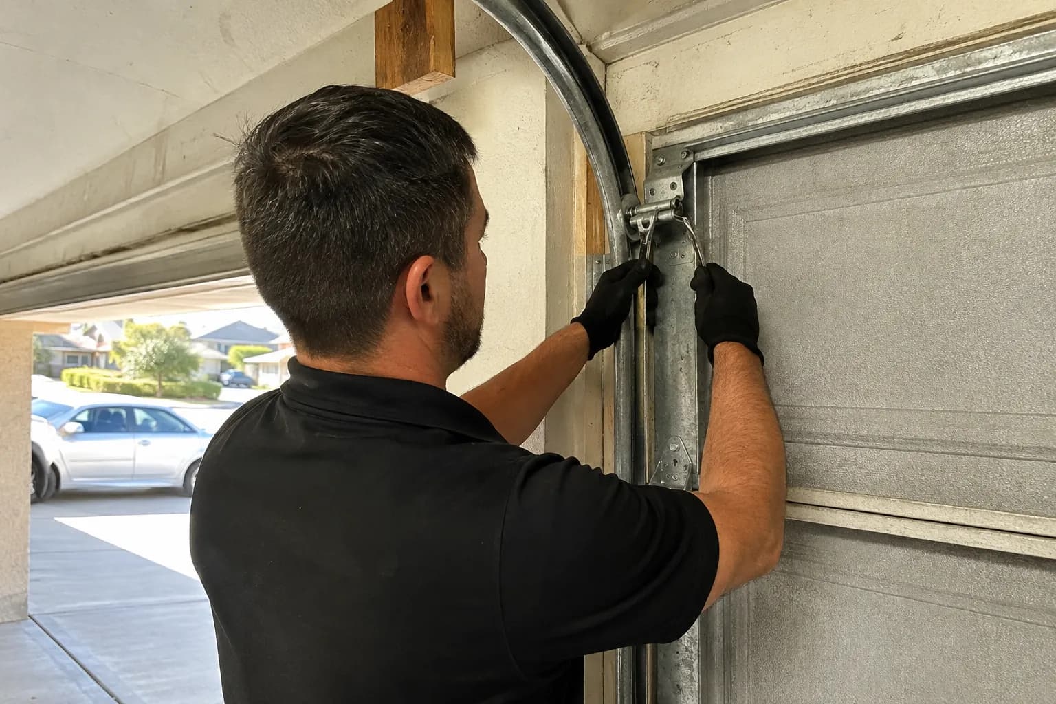 Technician repairing residential garage door hardware