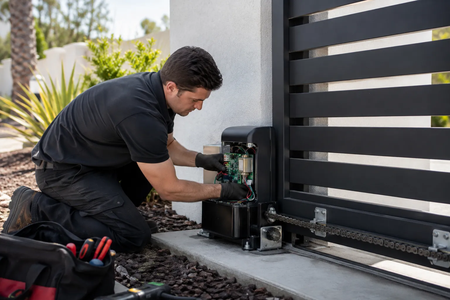 Technician servicing an automatic sliding gate operator